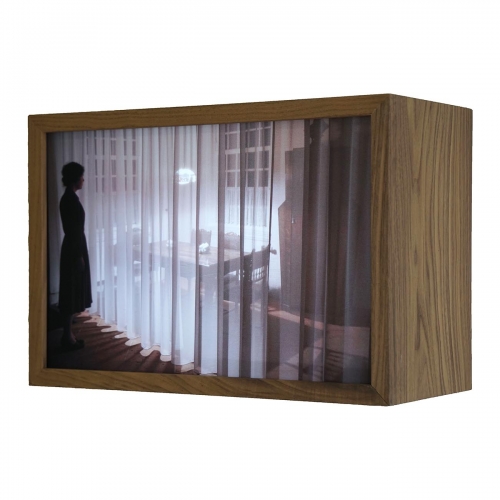Thuis (Home) | 28cm x 41cm x 19cm; walnut wood, LED strips, duratrans, glass with no reflection; AIR Zundert 2019