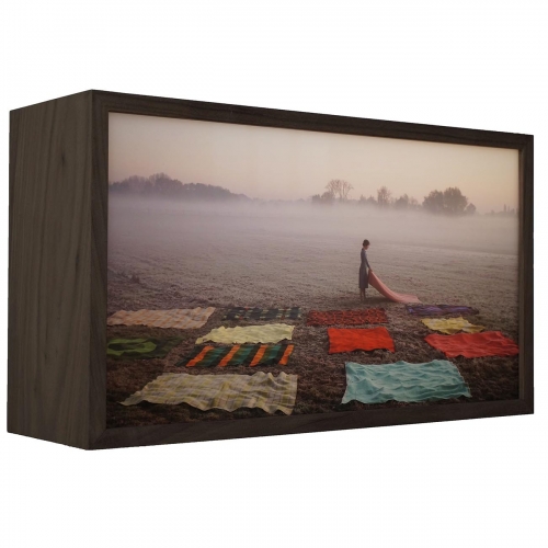 Wolkendeken (Blanket of clouds) | 33cm x 59cm x 18cm; walnut wood, LED strips, duratrans, glass with no reflection; 2019